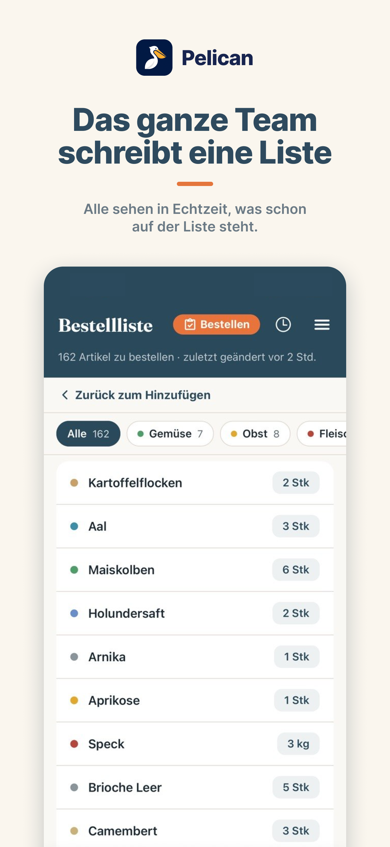 Pelican App Screenshot: gemeinsame Bestellliste des Küchenteams