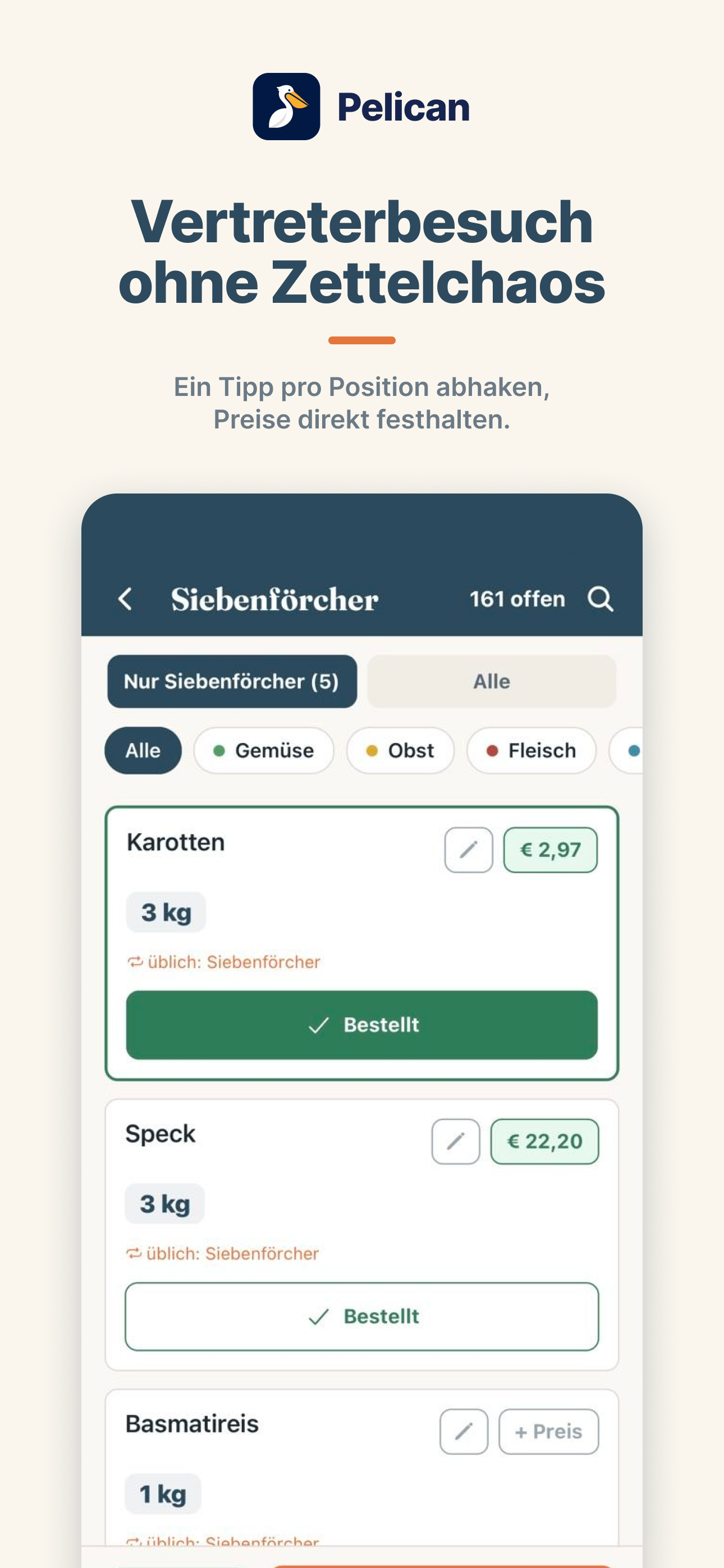 Pelican App Screenshot: Vertretermodus zum Abhaken beim Lieferantenbesuch