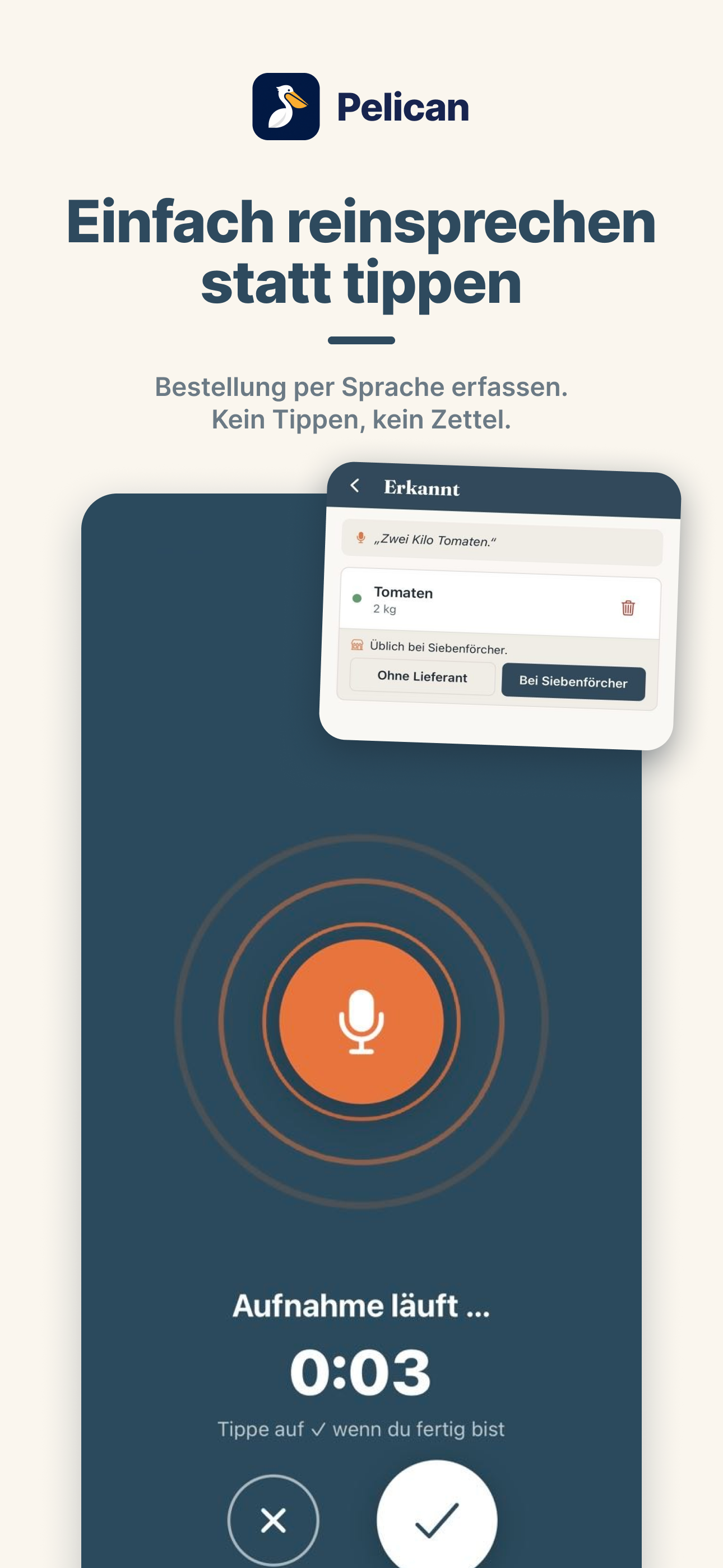 Pelican App Screenshot: Warenbedarf per Spracheingabe erfassen