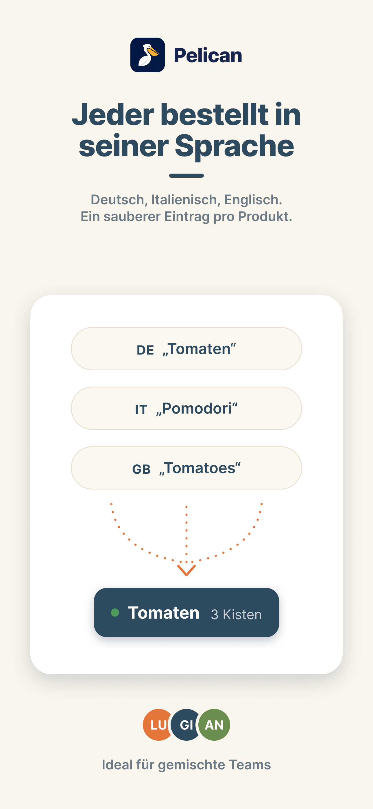 Pelican App Screenshot: jeder bestellt in seiner Sprache