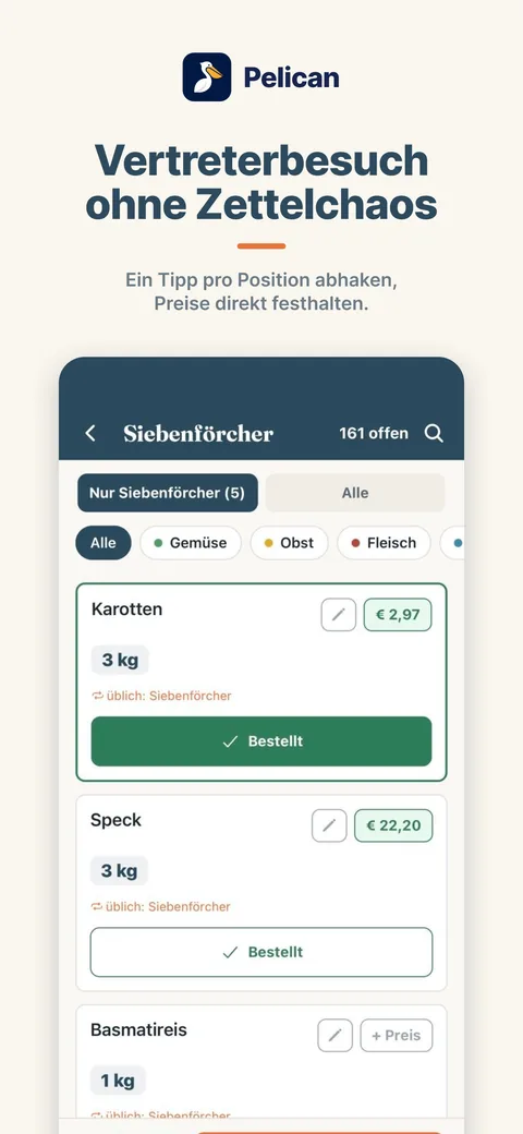 Pelican App Screenshot: Vertretermodus zum Abhaken beim Lieferantenbesuch