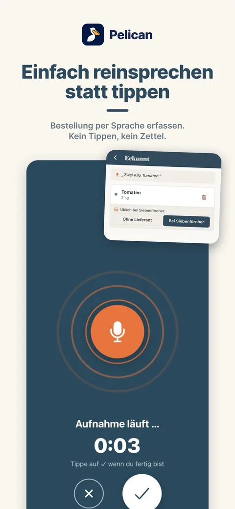 Pelican App Screenshot: Warenbedarf per Spracheingabe erfassen
