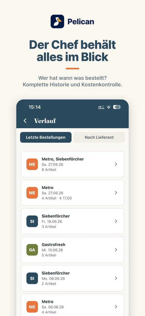 Pelican App Screenshot: Bestellverlauf und Überblick für den Küchenchef